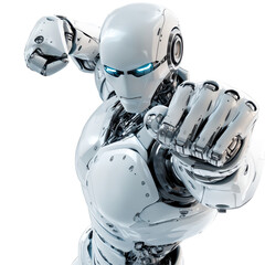 A futuristic robot with a metallic body and glowing blue eyes, posed in a fighting stance.