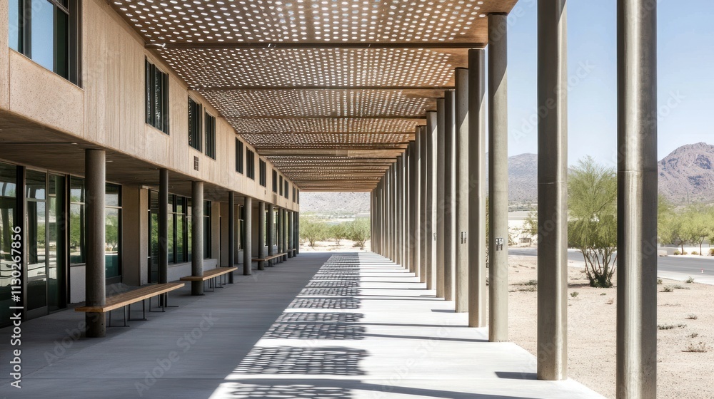 Poster modern architectural corridor with shaded seating and desert landscape views.