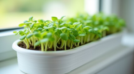 Fototapeta premium Close-up of green basil microgreens growing in a white container. Indoor gardening concept
