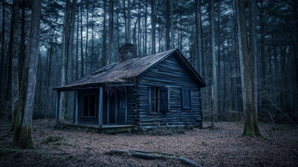 eerie, abandoned wooden cabin in the middle of a dense forest. The dim, moody lighting creates a mysterious and haunting atmosphere, perfect for themes of horror, solitude, or nature's silence