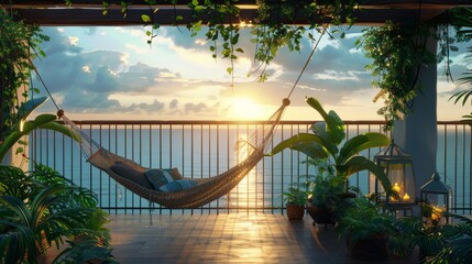 Ultra detailed balcony with oceanfront views, featuring a fire pit