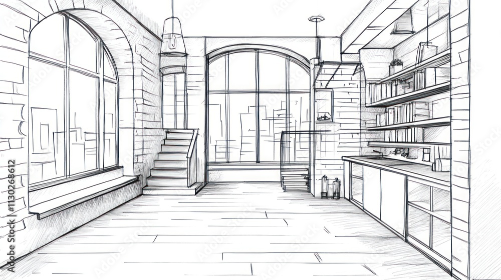 Poster a sketch of a modern interior space featuring large windows and a staircase.