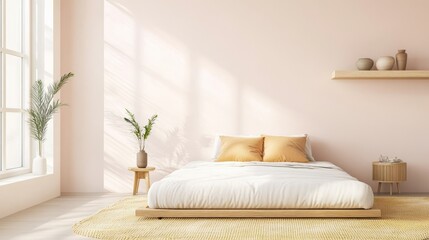 Relaxing space with a Japanese futon on tatami, muted pink walls and minimalist decor ideal for tranquility and comfort