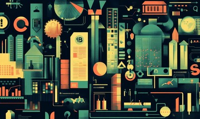 Obraz premium Abstract geometric shapes, data visualizations, cityscape.