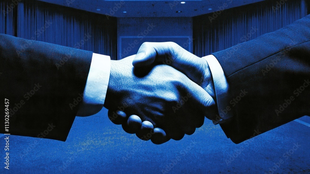 Poster a close-up of two hands shaking, symbolizing agreement or partnership in a business context.