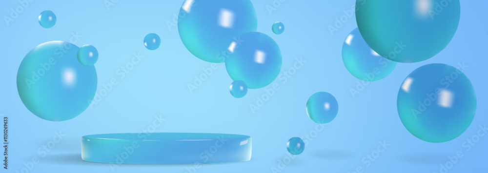 Poster floating blue sphere composition with circular podium on pastel background - modern minimal showcase