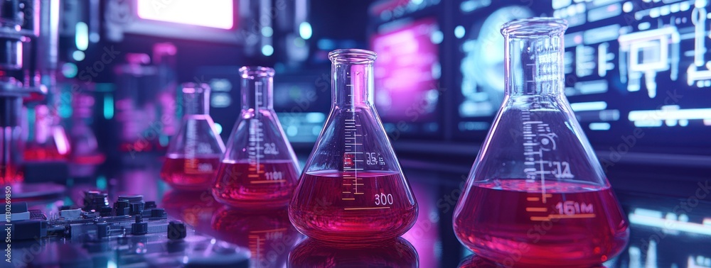 Poster Laboratory setup with flasks containing red liquid, showcasing a scientific environment.