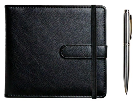 a black leather notebook with strap and silver pen isolated on white background