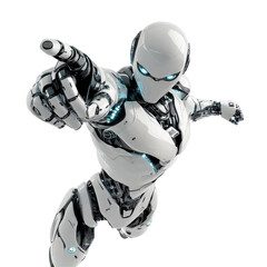 A futuristic robot with a sleek design, pointing forward, symbolizing technology and innovation.