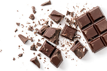 Bitter chocolate pieces on white background. Flying chocolate pieces, shavings and cocoa crumbs top view. Flat layer