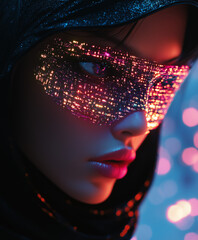 mesmerizing image portrays a futuristic aesthetic featuring a close-up of a face with a glowing, fragmented digital mask. The vibrant neon colors against the dark hood create an intense cyberpunk atmo