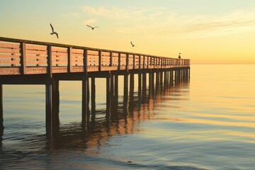 Fototapeta premium Tranquil sunrise over a wooden pier stretching into calm sea at standard beach a serene landscape photography experience captured in tranquil coastal environment