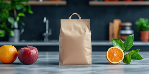 A simple brown paper bag stands between an apple and an orange, surrounded by greenery in a modern kitchen setting.
