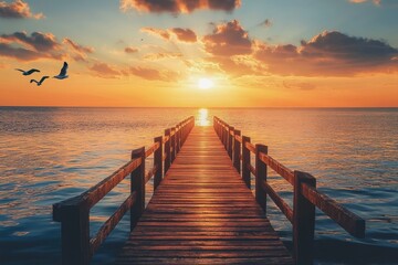 Obraz premium Serene sunset over a wooden pier stretching into the calm sea at a coastal location scenic photography tranquil environment captured from a scenic viewpoint nature concept
