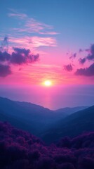 Obraz premium A serene sunset over mountains, casting vibrant colors across the sky and landscape.