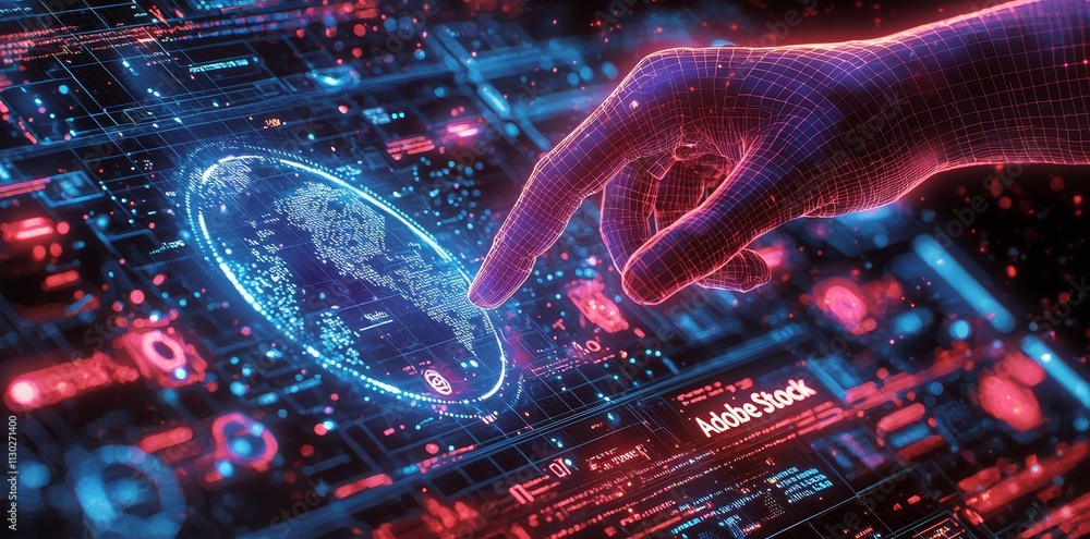Poster a hand with low polygon graphics interacts with a global network and data exchanges worldwide, using