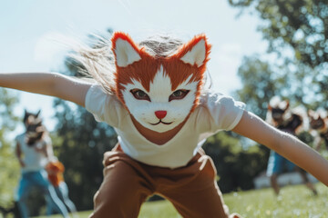 A young girl wearing a cat mask, engaged in therian or quadrobic activity outdoors with other masked teens in the background. Ideal for promoting active play, youth fitness, and creative role-playing