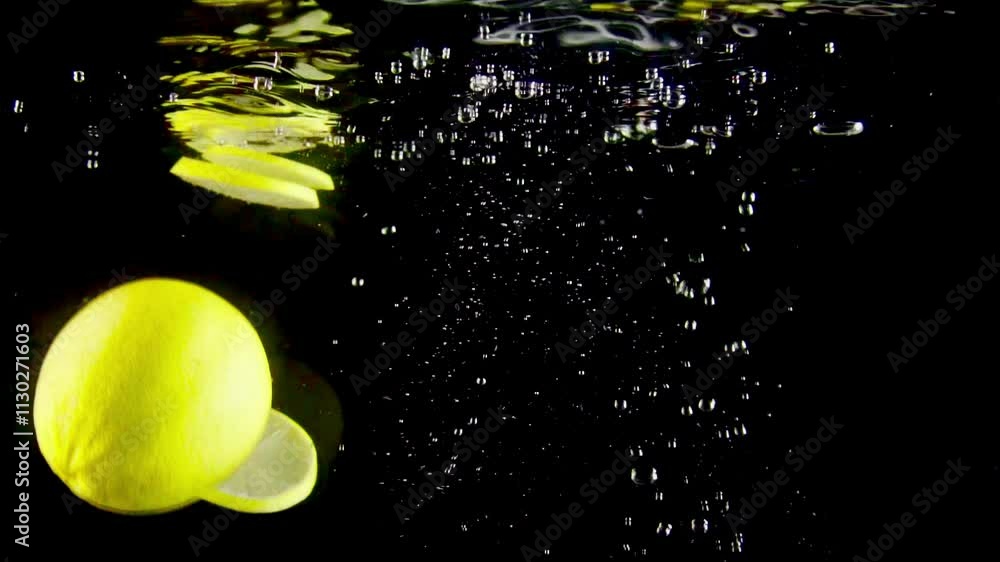Poster lemon and lemon slices dropping into water and making bubbles on black background.