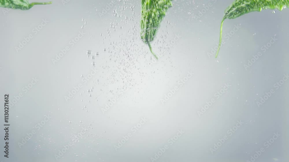 Poster isolated on grey background bitter gourds floating under water and creating air bubbles in slow moti