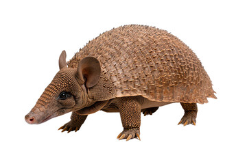 Obraz premium A textured, armored mammal with a rounded body and short limbs, showcasing a unique appearance with a mix of earthy colors.