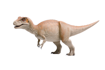 A dinosaur figurine featuring a detailed, light-colored body, standing in a dynamic pose, showcasing its limbs and tail.