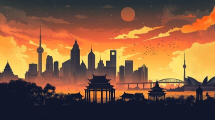 Naklejka premium Travel and tourism background. World famous monuments skyline. Vector illustration