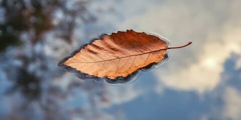 Single floating brown leaf captured in closeup, showcasing intricate details, with a stunning reflection of the sky visible in the water beneath the brown leaf.