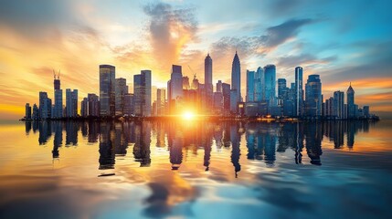 Obraz premium City skyline reflected in calm sunset water.