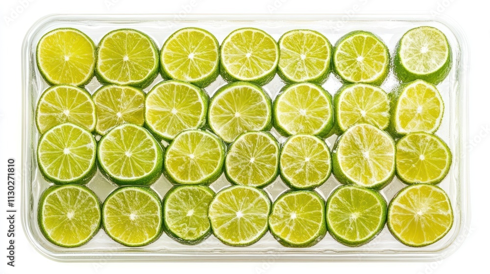 Poster a tray filled with halved limes arranged neatly for culinary use or presentation.