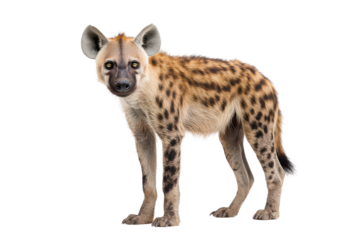 A hyena stands alert, showcasing its distinctive spotted fur and keen expression, embodying its role as a scavenger and predator.