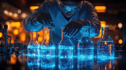 Laboratory glassware glowing blue neon in a scientific experiment setup, with a focus on modern chemistry and research