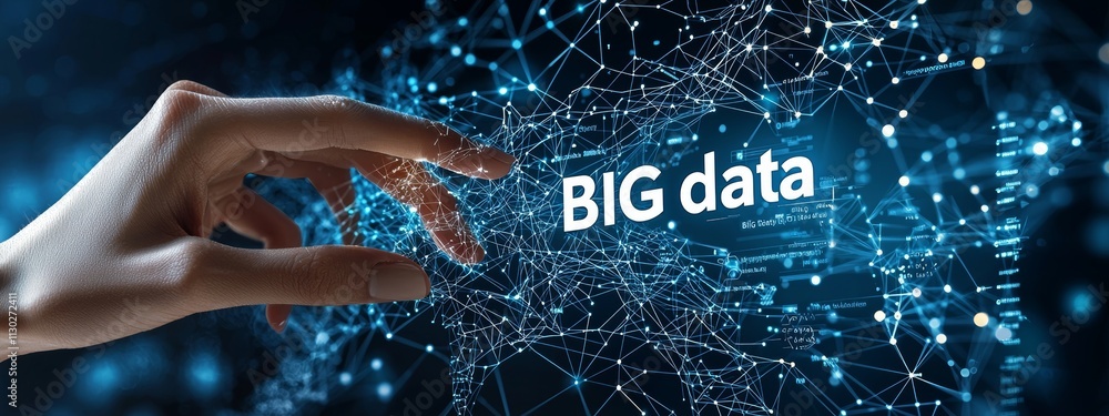 Poster the big data symbol is being selected and pressed by a hand on a modern interface, with a world and 