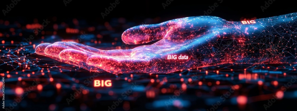 Poster a hand is selecting and pressing a big data symbol on a modern interface, featuring a world and glob