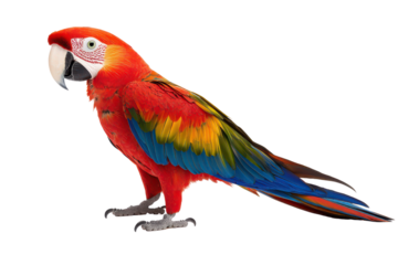 A vibrant, multicolored parrot with a striking red body, green and blue wings, and a prominent beak.