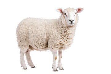 Fototapeta premium A fluffy white sheep stands calmly, showcasing its thick wool coat and alert expression.
