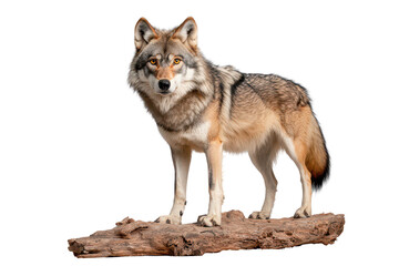 Obraz premium A majestic wolf stands on a log, showcasing its powerful stance and striking features.