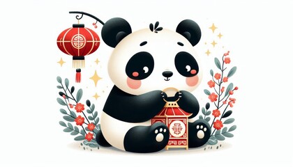 Naklejka premium Panda holding Chinese lantern surrounded by flowers and leaves. Lunar New Year celebration watercolor illustration on white background