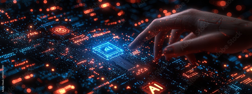Poster stock (ai) featuring machine deep learning, data mining, and other modern computer technologies, wit