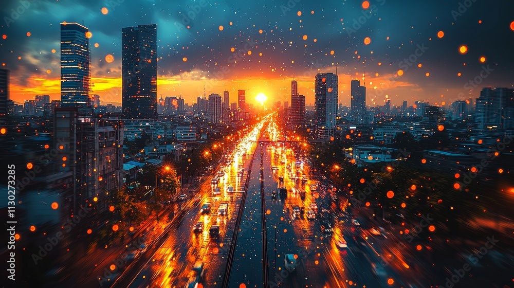 Poster concept of wireless network and connection technology illustrated with abstract buildings and a city