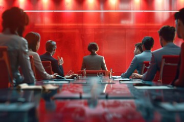 Businesswoman promotes collaboration and teamwork in tech centric boardroom.