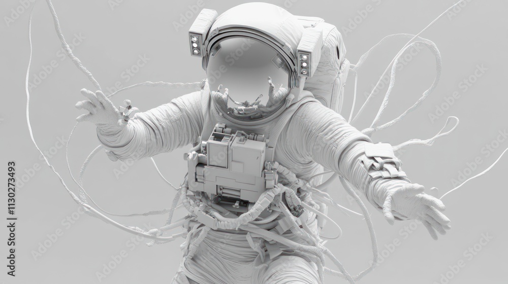 Poster a detailed 3d rendering of an astronaut in a dynamic pose with intricate equipment.