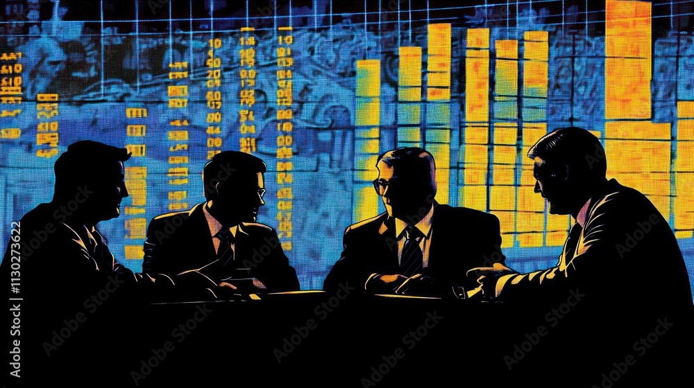 Poster Silhouettes of business professionals discussing over data visualizations.