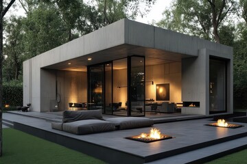 Modern concrete house with outdoor seating and fire features, surrounded by greenery.