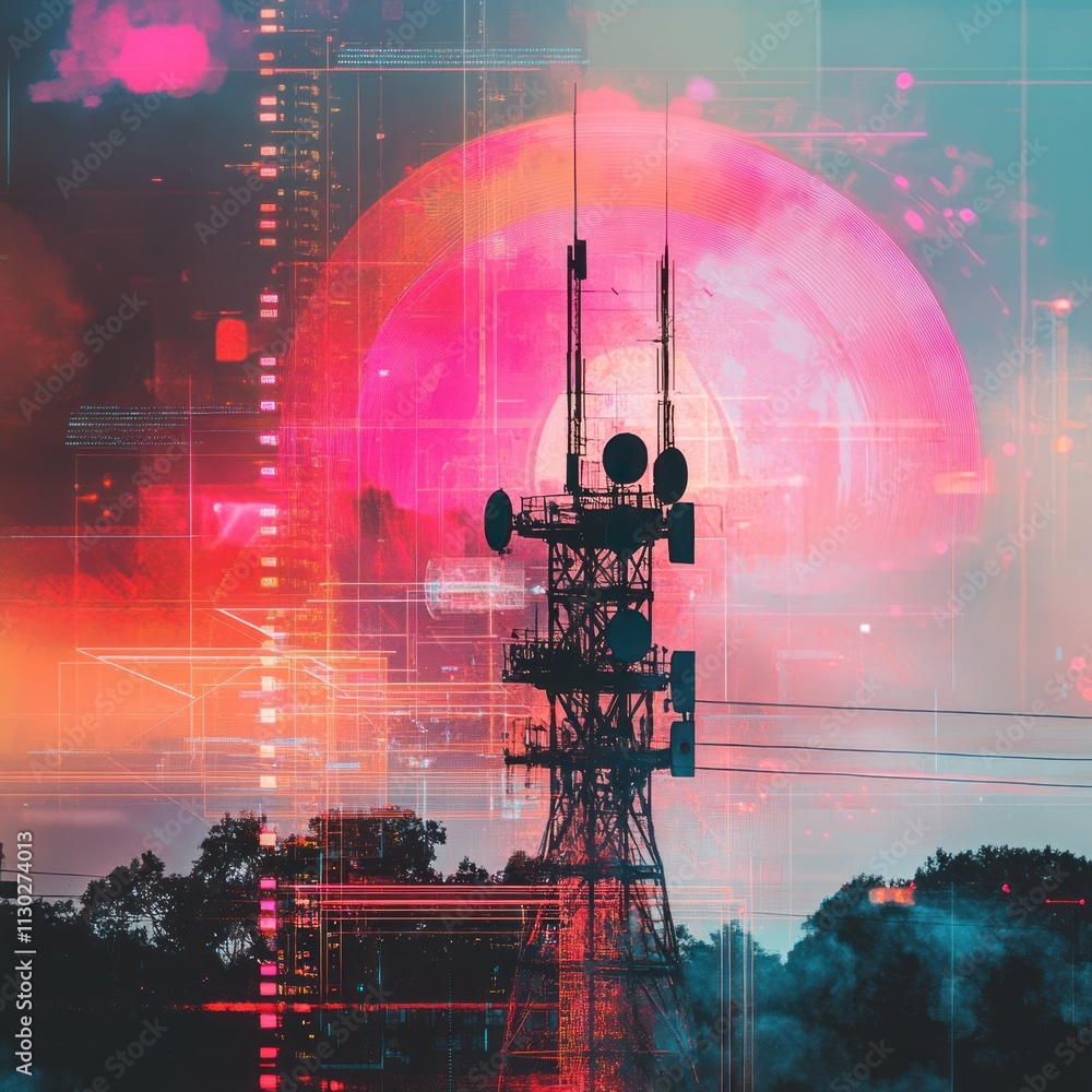 Poster A digital artwork featuring a communication tower with vibrant colors and abstract elements.