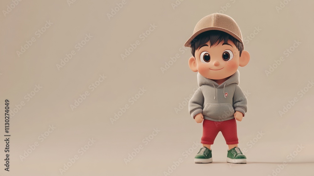 Poster a cheerful animated boy in casual attire, standing confidently with a playful expression.