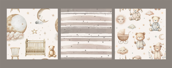 Cute watercolor nursery seamless pattern with bear, rabbit, stars, moon and clouds. Hand drawn vector print and pattern.