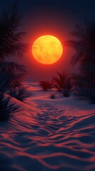 A serene desert landscape illuminated by a large, glowing orange sun at dusk.