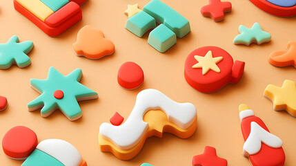 Colorful and Playful Collection of 3D Shapes and Icons on Orange Background, Perfect for Creative Design, Branding, and Children’s Projects