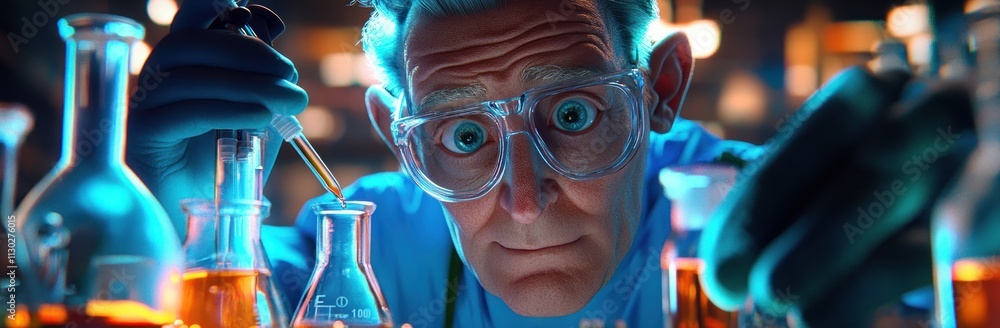 Poster A scientist conducts experiments with colorful liquids in a laboratory setting.