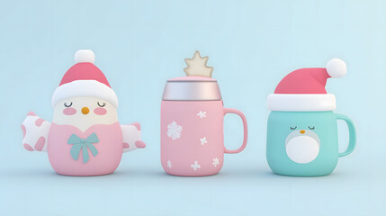 Adorable and Colorful Holiday Mugs with Cute Characters and Festive Hats, Perfect for Hot Drinks and Christmas Cheer, Ideal for Seasonal Celebrations and Winter Gatherings